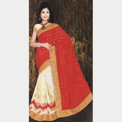 Cute’s Silk Georgette party Sharee with all over Rhine stone and golden metallic embroidery